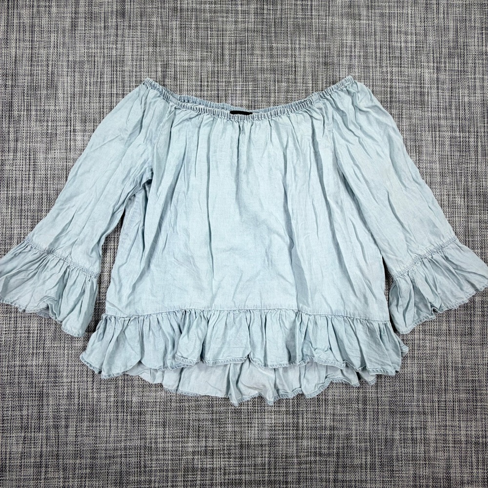 Sanctuary Womens Blouse XS Light Blue Lyocell Off Shoulder Ruffle Cuffs Hem